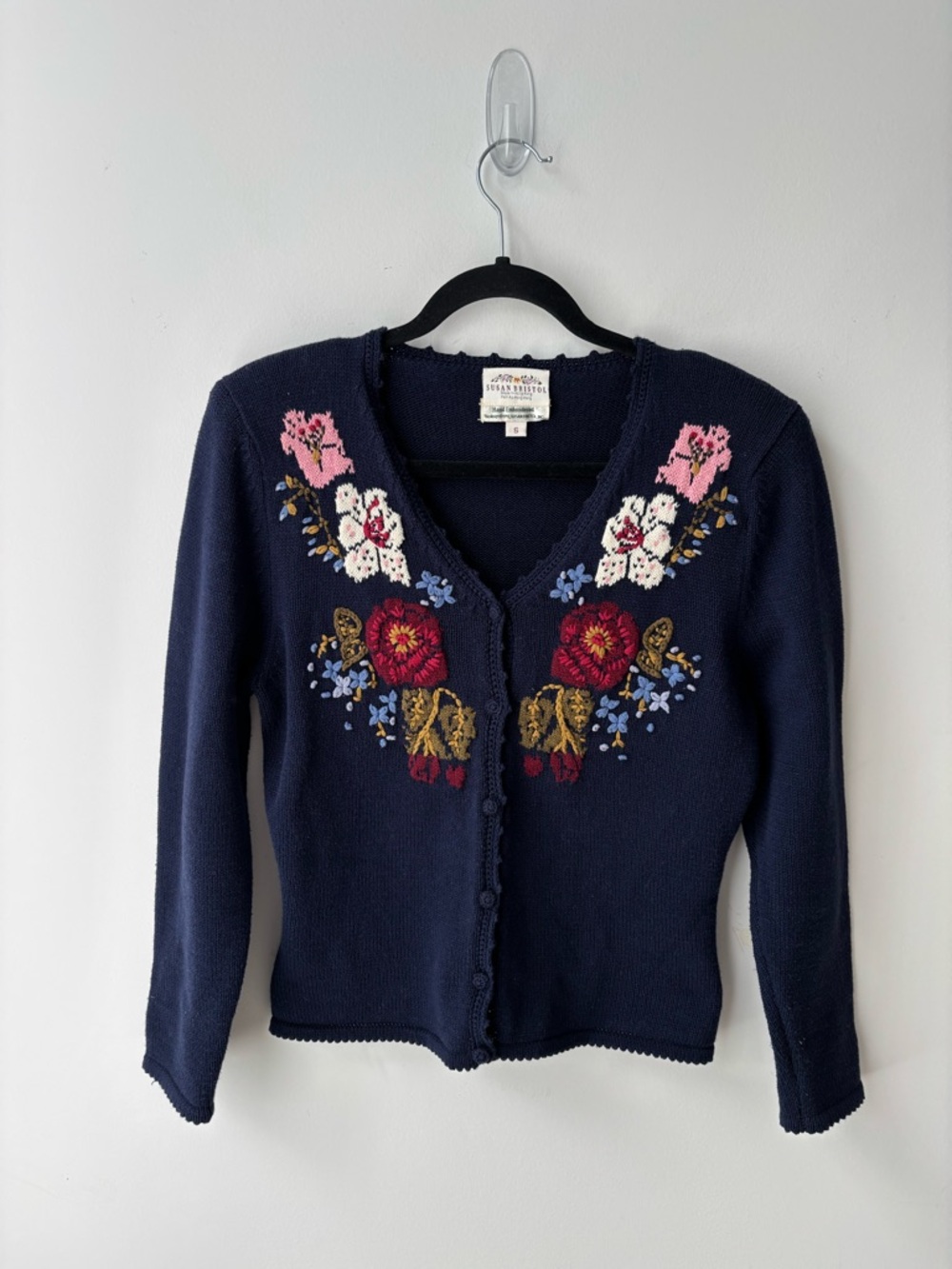 Susan Bristol Hand Embroidered Cardigan Floral Knit Cottagecore Navy Size Small